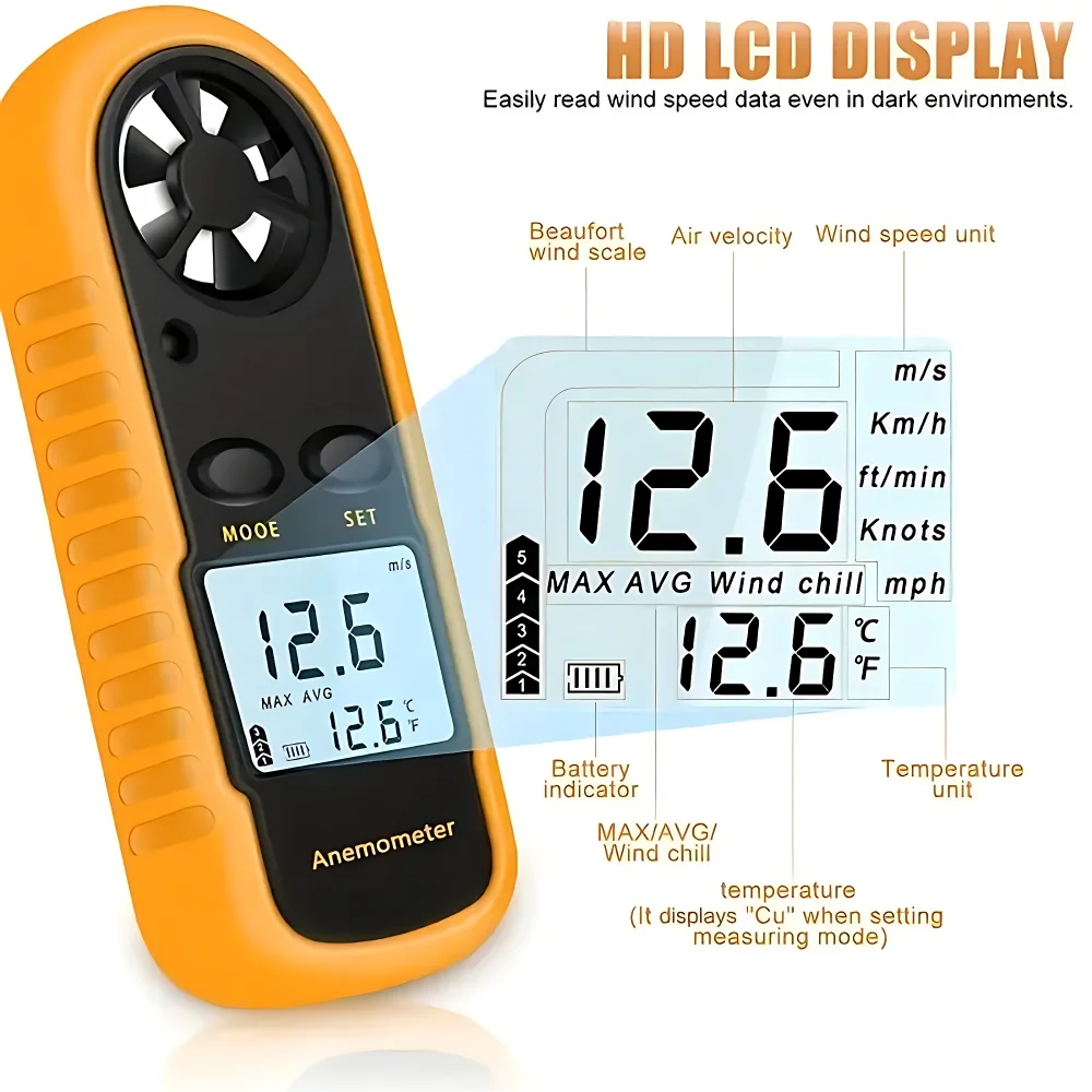 Digitale Anemometer-Taschen-Smart-Anemometer-Luftwind geschwindigkeit skala misst Wind geschwindigkeit und Temperatur genau