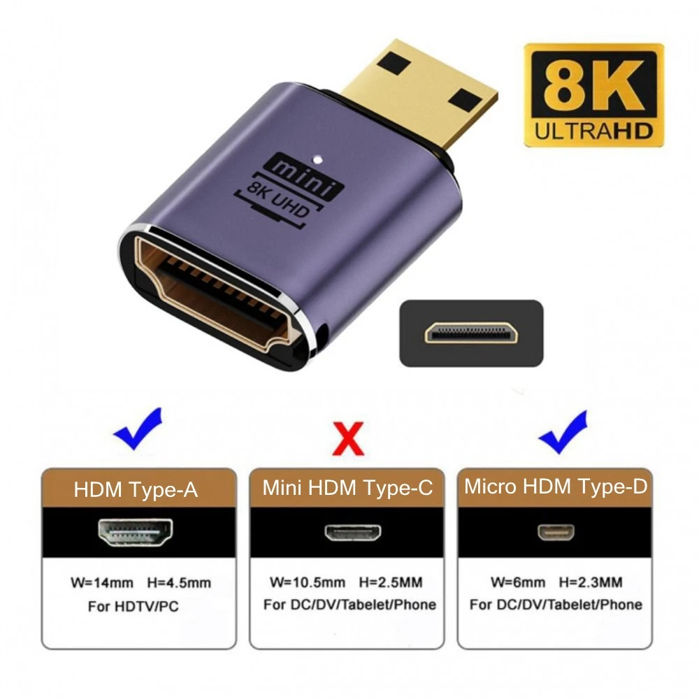 Adaptador Compatible con HDMI, convertidor macho a hembra de ángulo recto de 90 y 270 grados, conector HD 8K, extensor compatible Mini/Micro HDMI