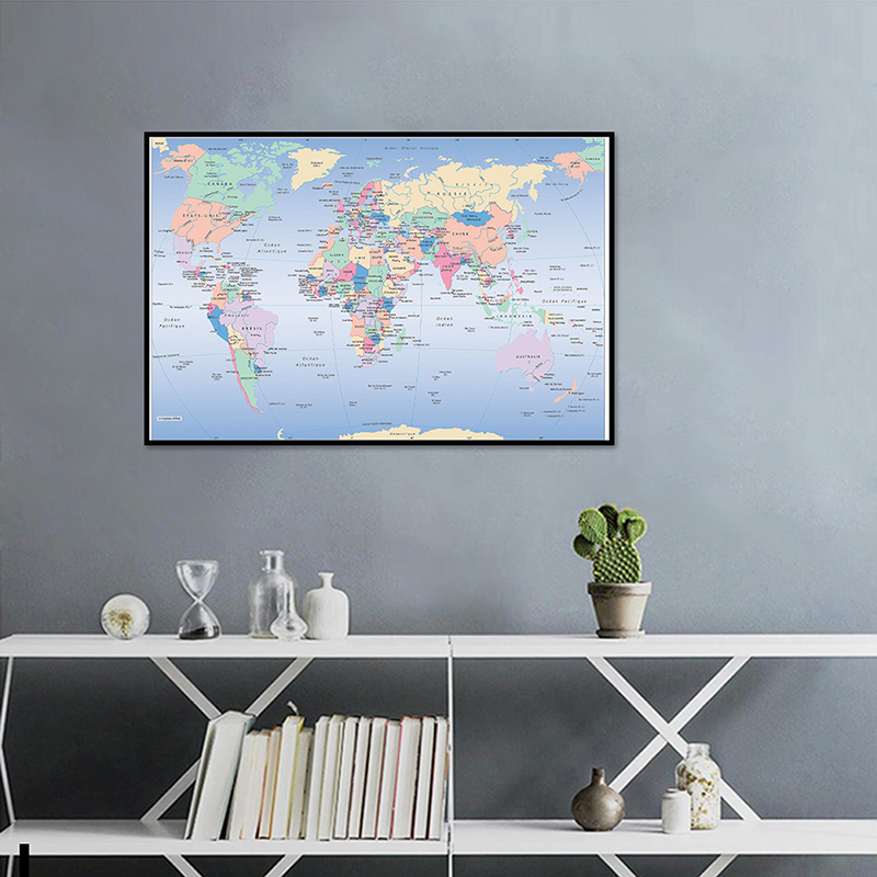 Formato A2 59x42 cm Mappa del mondo in lingua francese, poster da parete su tela stampe sullo sfondo per la decorazione dell'aula scolastica