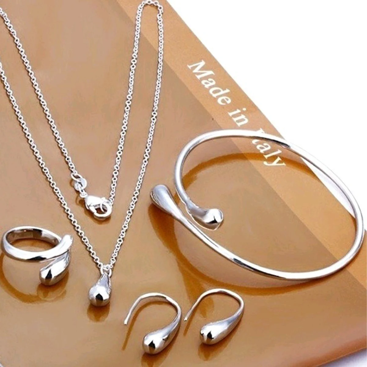 5-teiliges Set mit gebogenen Bohnen-Wassertropfen-Ohrringen für Damen, Halskette, Armband, Ring, Hochzeit, Bankett, Party, Urlaub, Geschenke-8127