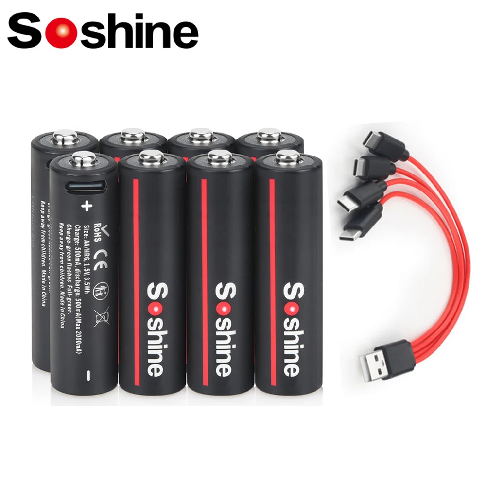 Soshine 1,5V USB 3500MWH Литийная аккумуляторная батарея Аа-аккумуляторные батареи с 4-в-1 USB-кабелем для камеры игровой машины для детектора дыма.