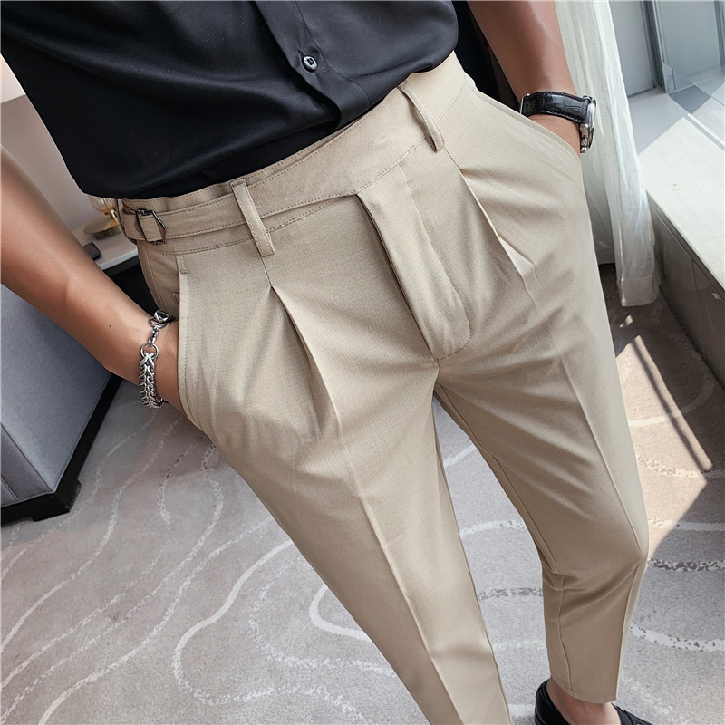 Wysokiej jakości elastyczne spodnie garniturowe męskie formalne biuro biznesowe spodnie wizytowe Slim Fit Casual ślubne spodnie do kostek Pantalon