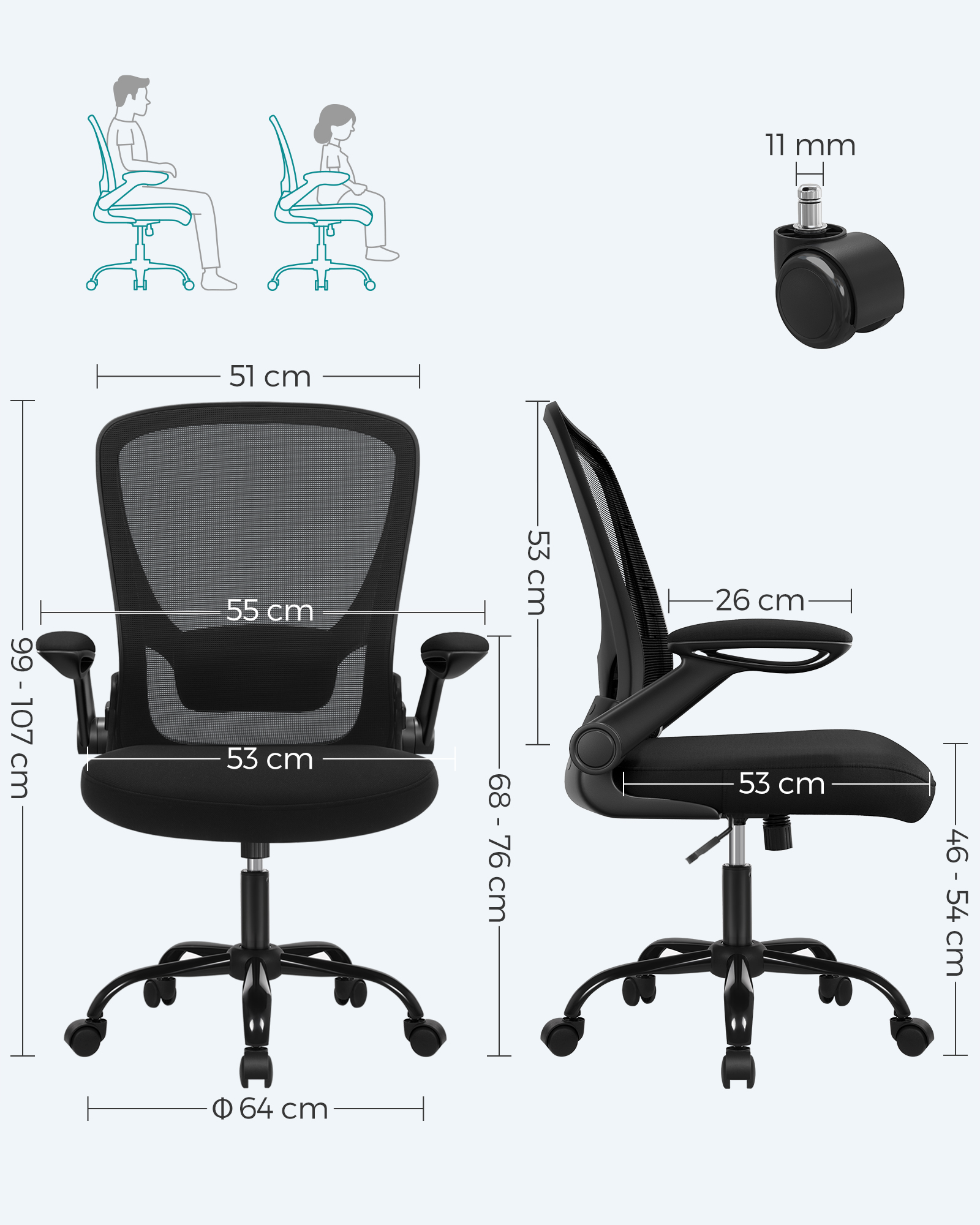 SONGMICS Office Chair, Mesh Desk Chair, Ergonomic Computer Chair, Lumbar Support, Rocking, Seat Width 53 cm, Flip-Up Armrests