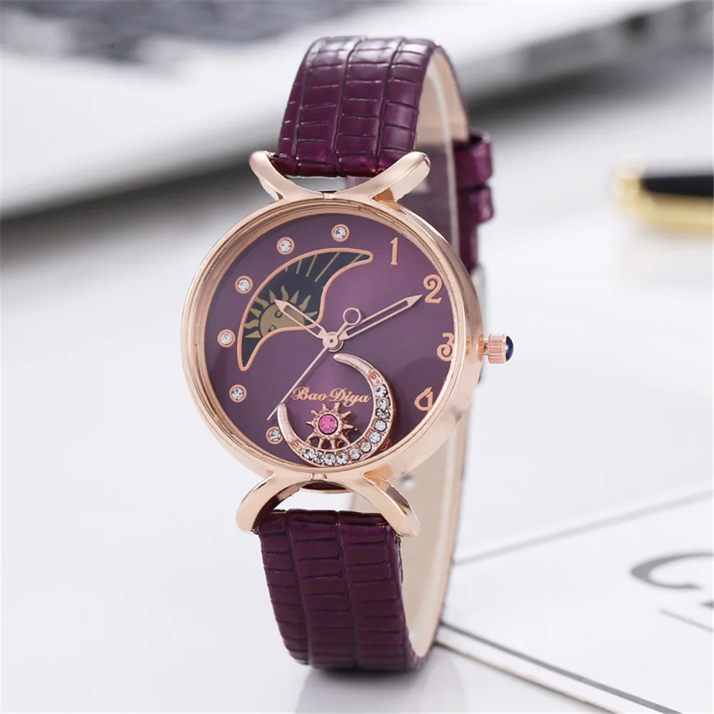 Relojes elegantes de Luna con diamantes para mujer, relojes de pulsera de cuarzo de lujo a la moda, reloj de cuero informal para mujer, reloj creativo para mujer