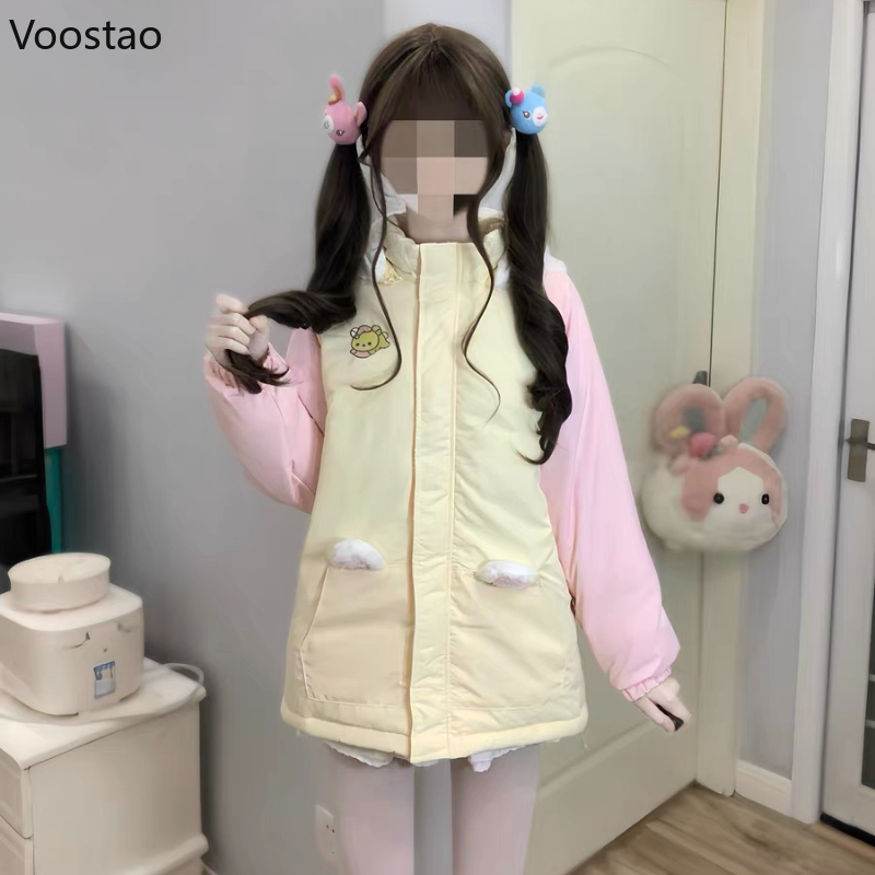 Kawaii Winter Cartoon Borduren Lolita Parka Vrouwen Y2k Schattige Beer Oren Capuchon Casual Ritsen Losse Harajuku Gewatteerde Jas