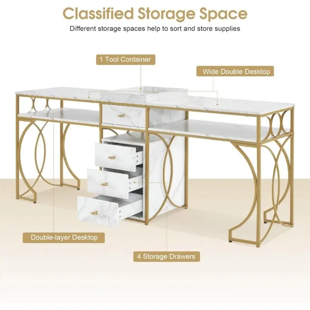 Double Manicure Table for 2 Person, Nail Station Marbling Texture, Long Nail Desk with Storage Drawers, Double Nail Table