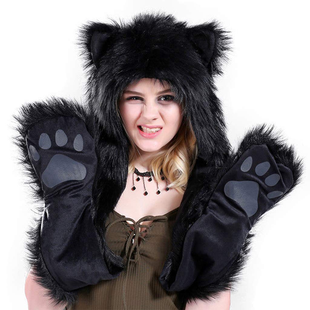 Oso Negro, capucha de piel sintética sombrero de Animal guantes de oreja 3 en 1 forro polar con capucha felpa cálida orejera gorro de Animal con bufanda guantes