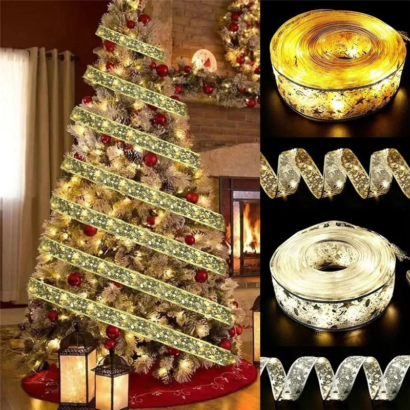 New Christmas Decoration LED Ribbon Fairy Lights Christmas Tree Ornaments for Home 2025 DIY Bows Light String Navidad New Year