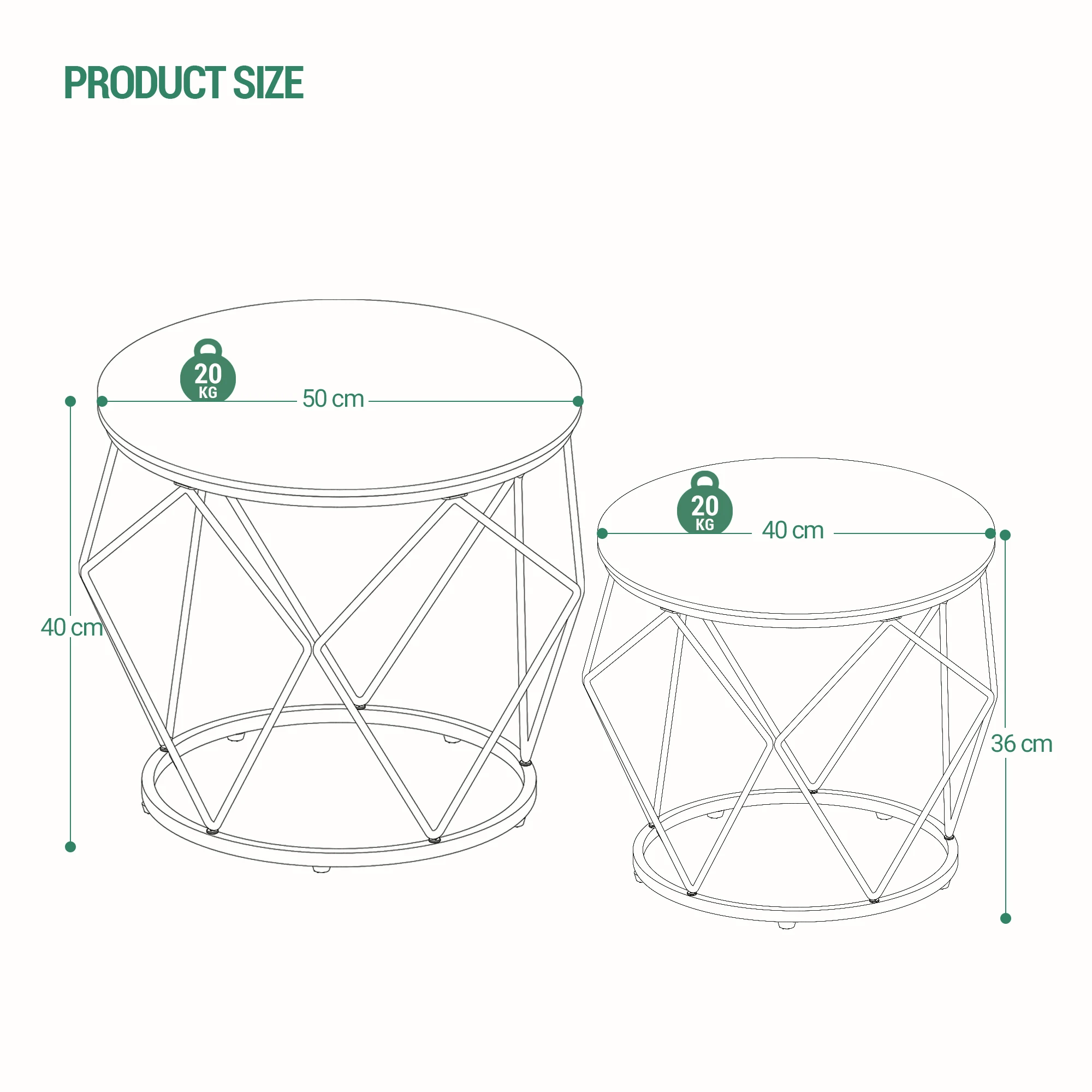 Hzuaneri Table basse ronde, lot de 2, tables d'appoint, ensemble de table d'appoint avec cadre en métal, petite table d'appoint pour salon, chambre à coucher