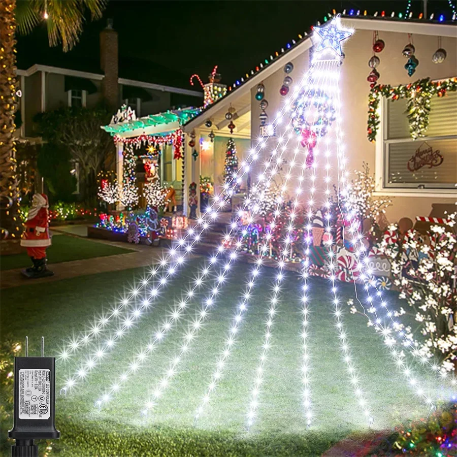 9 fili 3M LED stella di Natale stringa lucine con stella Topper cascata fata luce natalizia appesa scintillante ghirlanda di luce