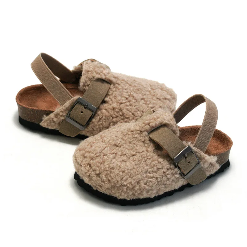 เด็กทารกเด็กชายหญิง WARM Fuzzy รองเท้าแตะรองเท้าแตะ Plush Cork Faux FUR Flats เด็กวัยหัดเดิน Prewalker รองเท้าแตะสายรัดด้านหลังยืดหยุ่น