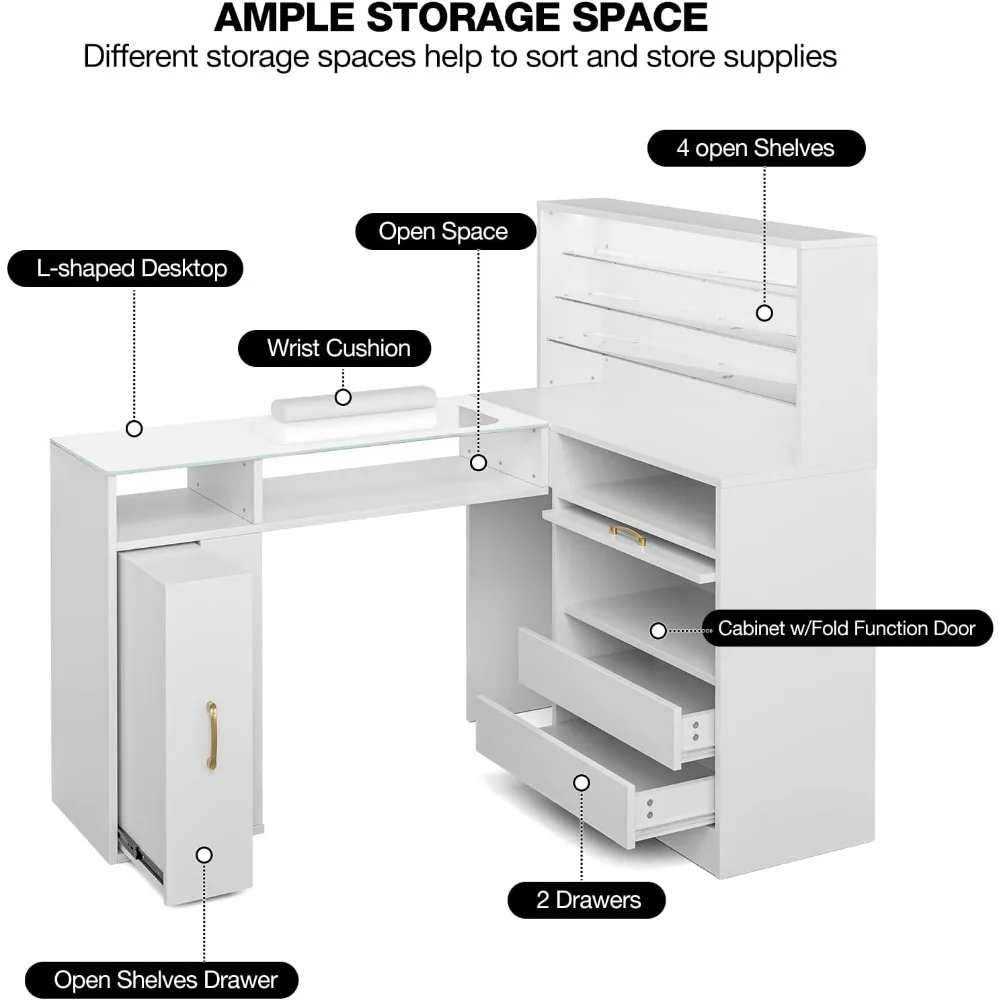 Manicure Table with LED Light, L-Shaped Glass Top Nail Tech Table w/2 Storage Shelves, Upwards Cabinet Door