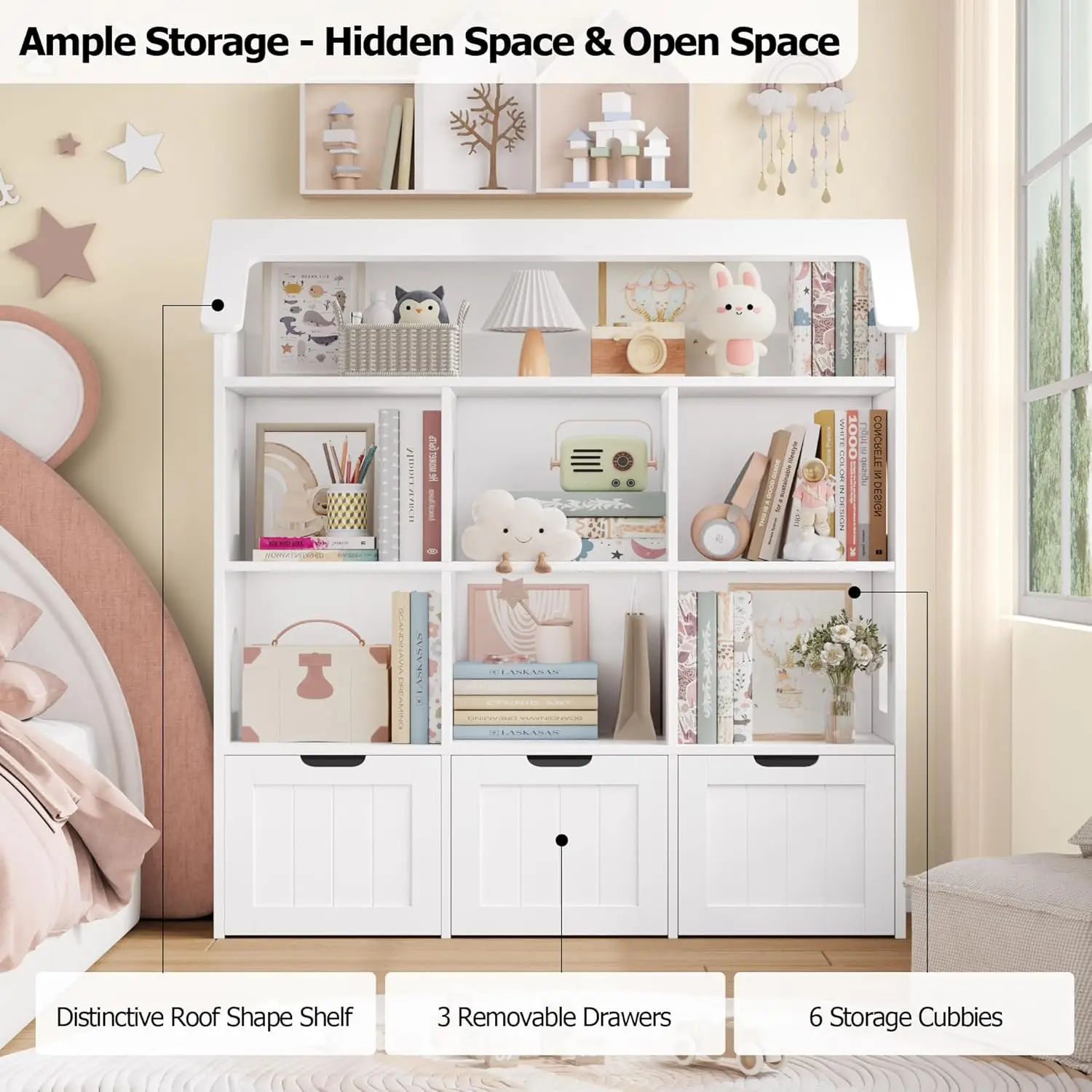 Toy Storage Organizer with House-Shaped Design, Kids Bookshelf Dollhouse Bookcase with 3 Movable Drawers and 6 Storage , Toy Org