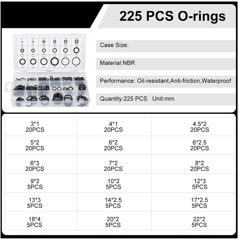 Acecare 225 pces borracha o anel de resistência de óleo o-anel arruela selos watertighty sortimento tamanho diferente com caixa plactic kit se