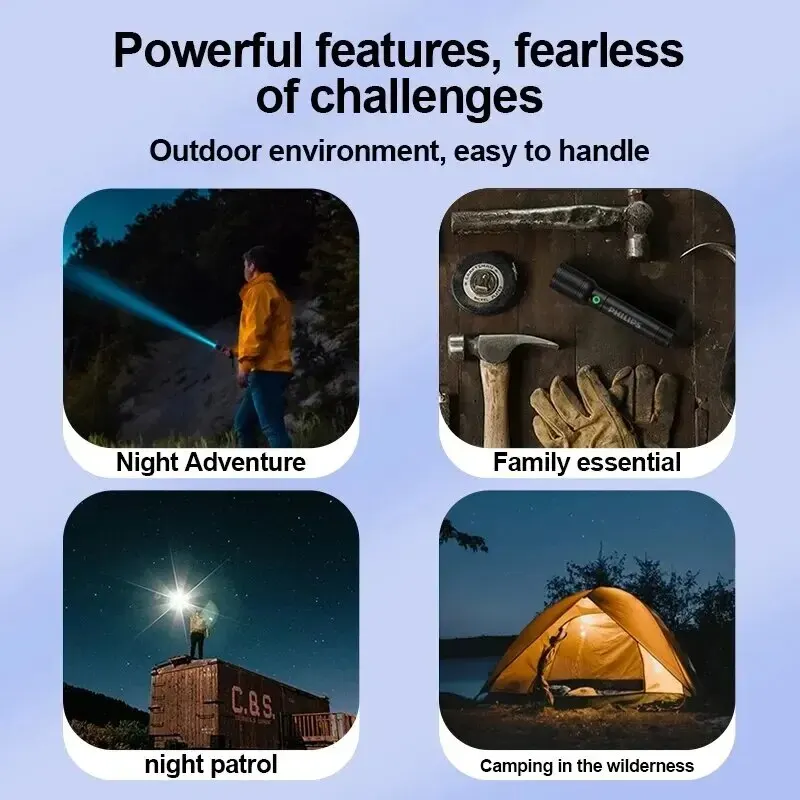Philips-6168 Lanterna com Zoom Óptico, Lanterna Portátil, Tipo-C, 4 Modos de Iluminação, Autodefesa, Camping, Lanterna, 6168