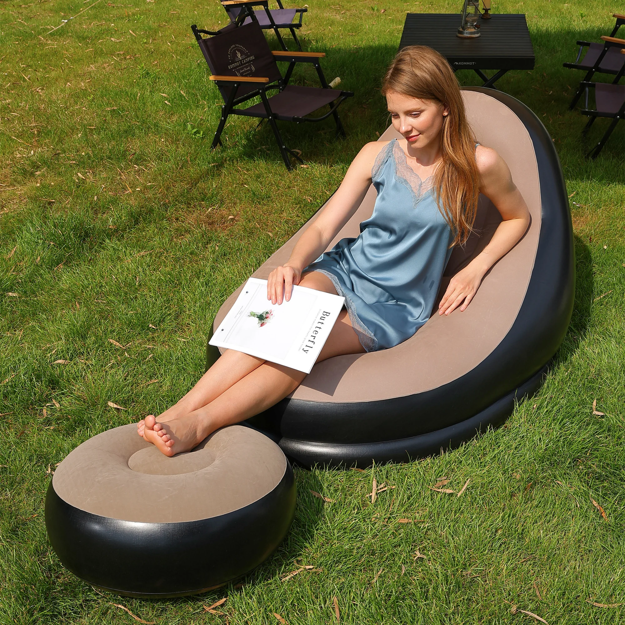 Sofá perezoso, silla inflable, sofá cama plegable reclinable para exteriores, taburete, cama de aire plegable portátil, juego de sillón para el almuerzo