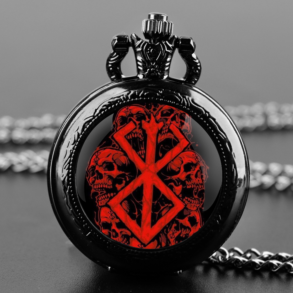 Creative ‌Berserk Glass Dome Quartz Pocket Watch with Necklace Chain Pendant Gift for Male Men Vintage Clock