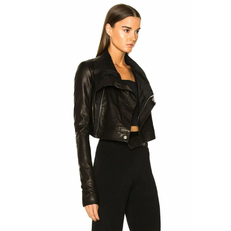 Sexy Damen echte Lammfell echte Lederjacke schwarz stilvolle Biker Kurz mantel