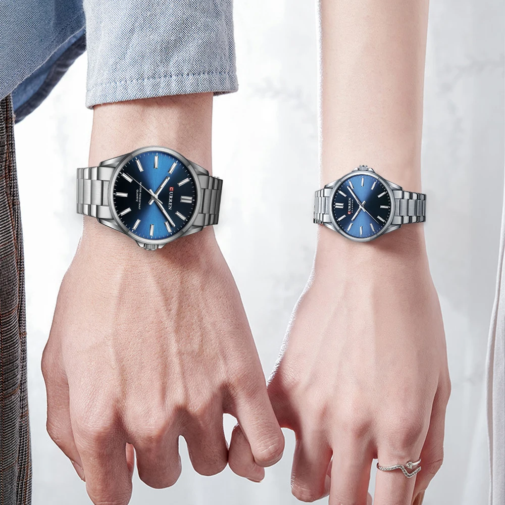 CURREN แฟชั่นแบรนด์นาฬิกาคู่สําหรับคนรัก Simple CLASSIC QUARTZ สร้อยข้อมือสแตนเลสนาฬิกาข้อมือมือส่องสว่าง