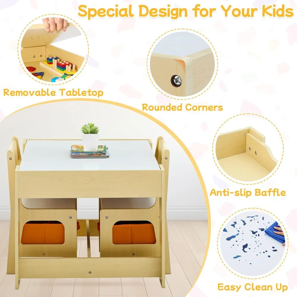 Kids Table and Chair Set, 3 in 1 Wooden Activity Table with Detachable Tabletop, Toddler Table and Chair Set with Storage Drawer