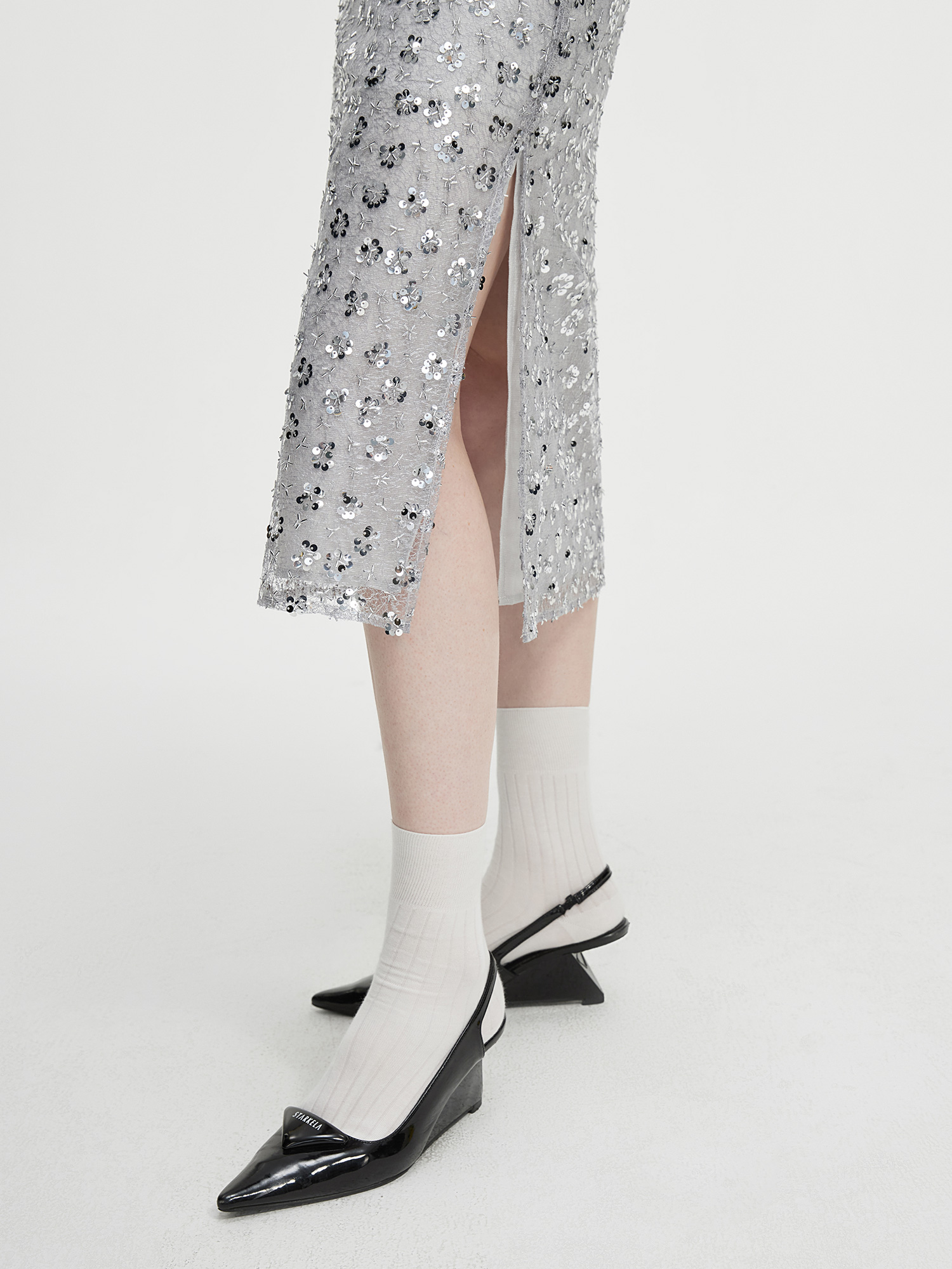 FSLE Hohe Taille Pailletten Gerade Rock frauen Herbst Mid-länge Schlitz Mode Rock 2024 Neue Design Chic Rock 24FS13139