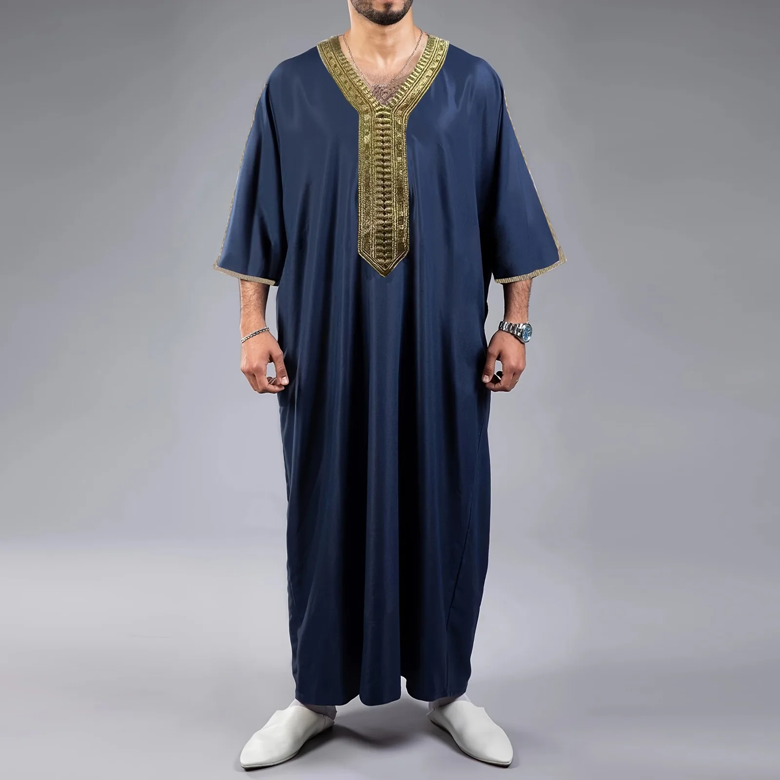 Robe muçulmano masculino árabe médio robe manga longa bordado camisa longa oração simples roupas soltas