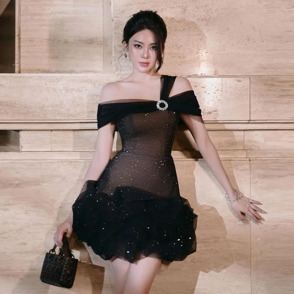 Vestidos de festa com lantejoulas fora do ombro feminino, vestido de cocktail de Organza com comprimento mini, preto, personalizado, roupas femininas brilhantes, sempre bonitas