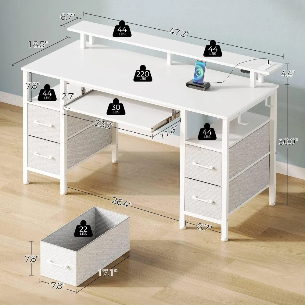 Computer Desk 47.2" with LED Lights & Power Outlets, Home Office Desk with 4 Drawers, Writing Desk with Keyboard Tray