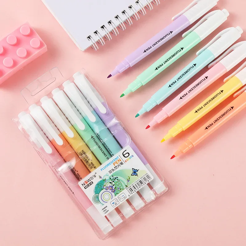 6 ชิ้น/เซ็ต Double HEAD Fluorescent Highlighter ปากกาเครื่องหมายพาสเทลปากกาสําหรับนักเรียนโรงเรียนอุปกรณ์สํานักงานเครื่องเขียนน่ารัก