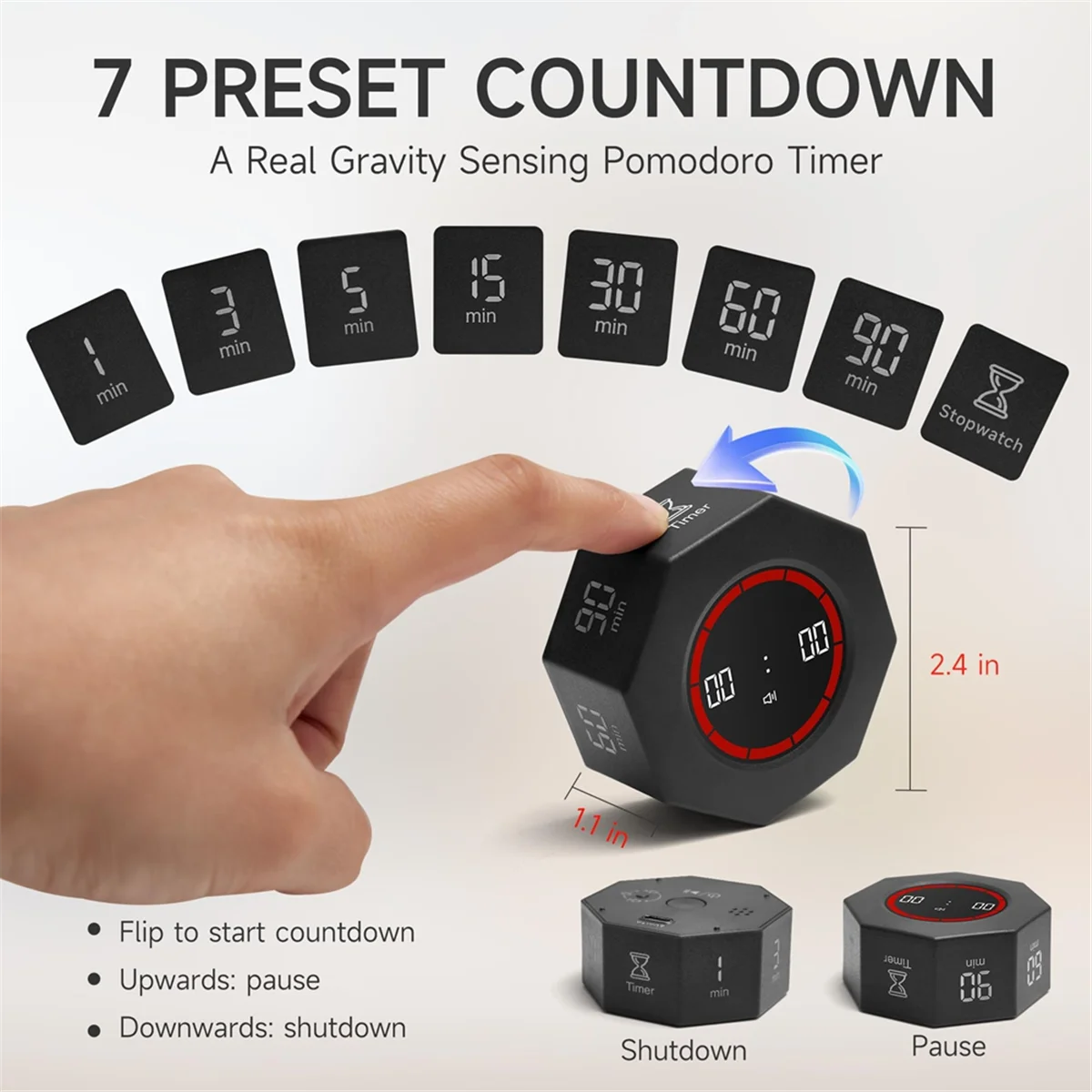 A72P Visual Countdown Timer 1,3,5,15,30,60,90 Minutes Preset,Desk Productivity Timer W/ Sensor,for Work,School,Kitchen