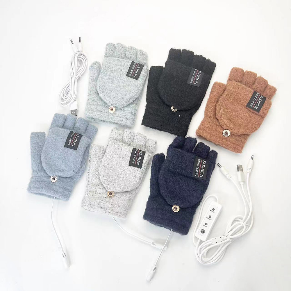 Luvas aquecidas unissex USB elétricas de inverno para áreas externas, cor pura, aquecedor de dedos inteiros e meio, aquecedor de mãos térmico