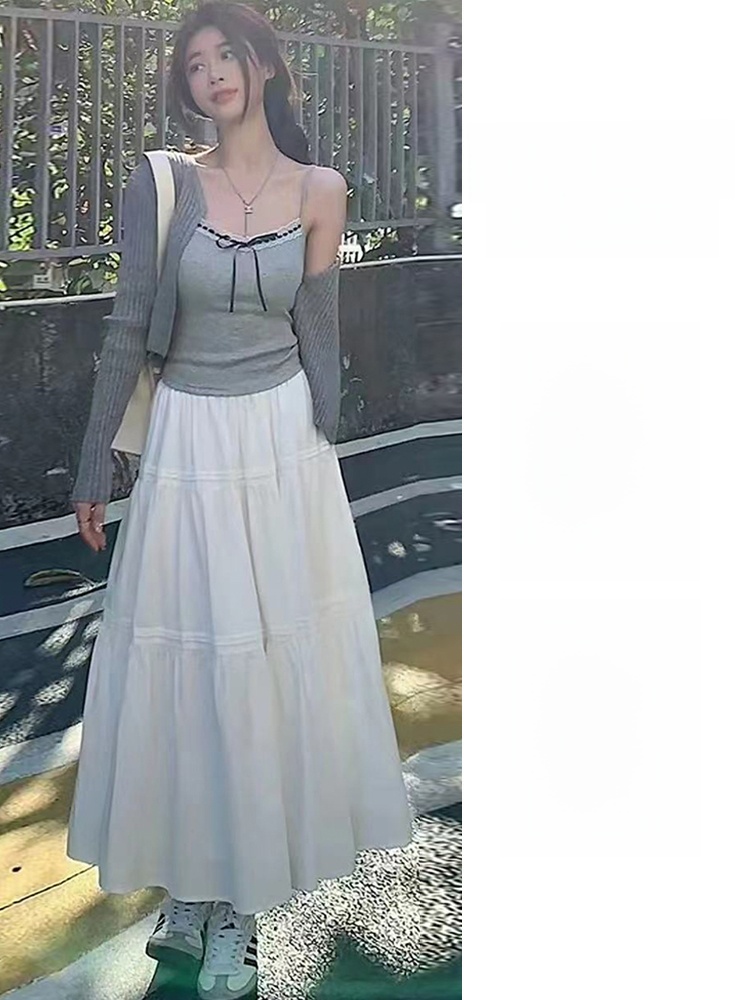 White High Waist Midi A-Line Skirt Women's Summer 2024 New Sle Slimming Puffy Cake Skirt Korean Sle Polyester Fabric