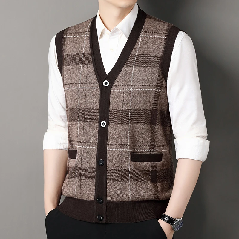 Neue männer Pullover Weste Casual Ärmellose Stricken Jacken Männer Mode Plaid V-ausschnitt Strickjacken Mann Kleidung Gestrickte Weste
