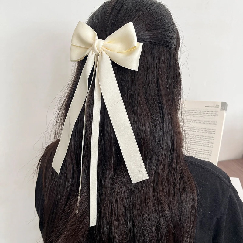 เกาหลีสีทึบริบบิ้นคู่ Bowknot คลิปผมสําหรับหญิงสาวอินเทรนด์โบว์ใหญ่ยาวพู่เงิน Barrettes PIN อุปกรณ์เสริม