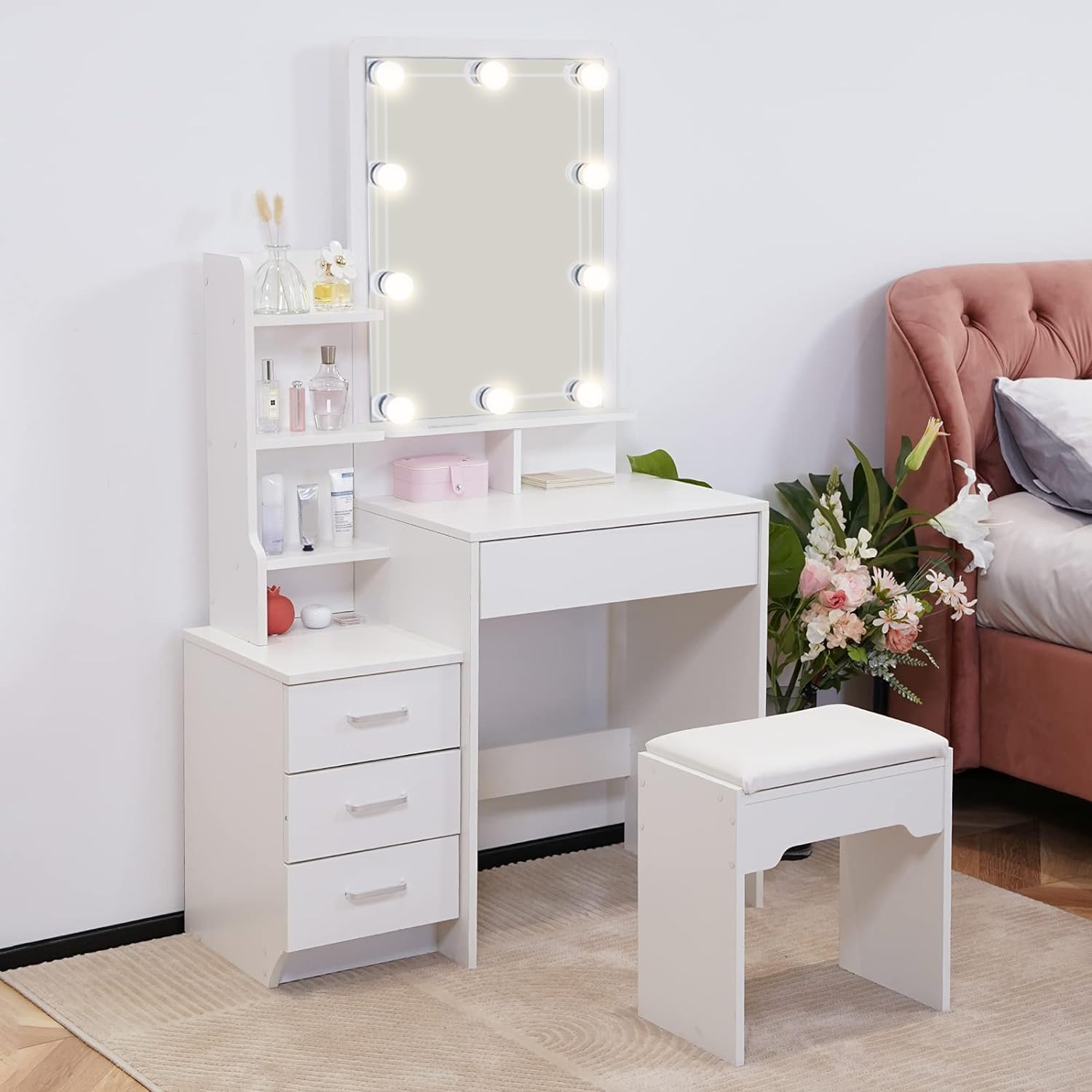 Hollywood - Tocador con espejo LED y taburete, mesa de maquillaje de piel sintética con 7 estantes y 4 cajones, tocador para muj