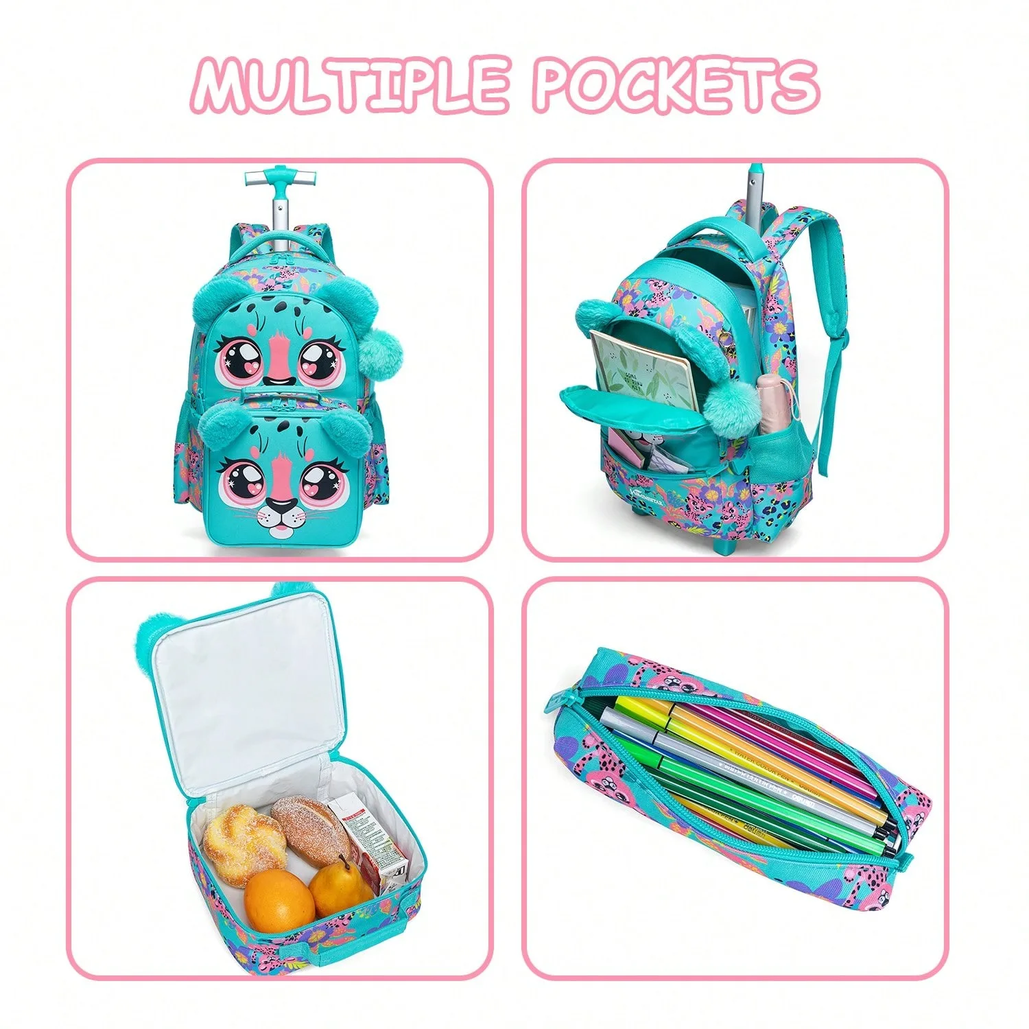 Mochila rodante de 3 uds para niñas, mochilas con ruedas para estudiantes de primaria, bolsa de equipaje de mano 3 en 1, Maleta de viaje para niños