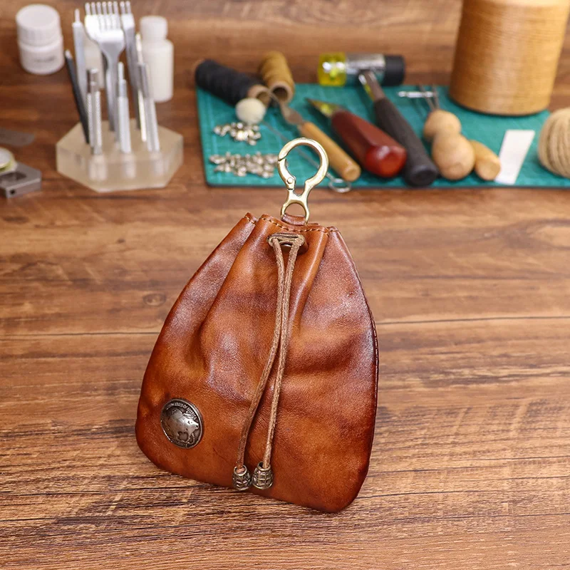 Tas kunci mini vintage wanita dari kulit sapi lapisan pertama yang diolah dengan bahan nabati, tas kartu, dompet koin, tas penyimpanan.