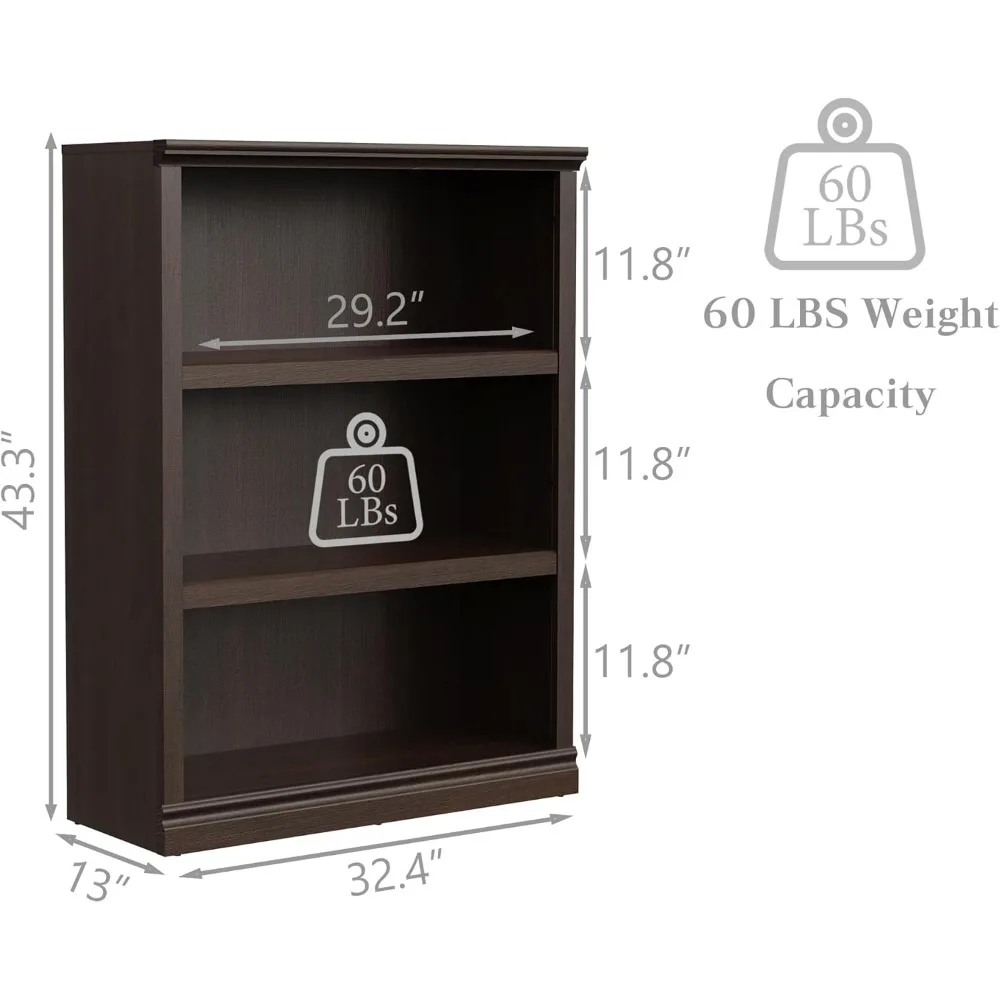 43 in Tall Bookcase, 3-Tier Bookshelf Open Storage, 33 inch Wide Floor Standing Indoor Furniture, Book Cases for Home School