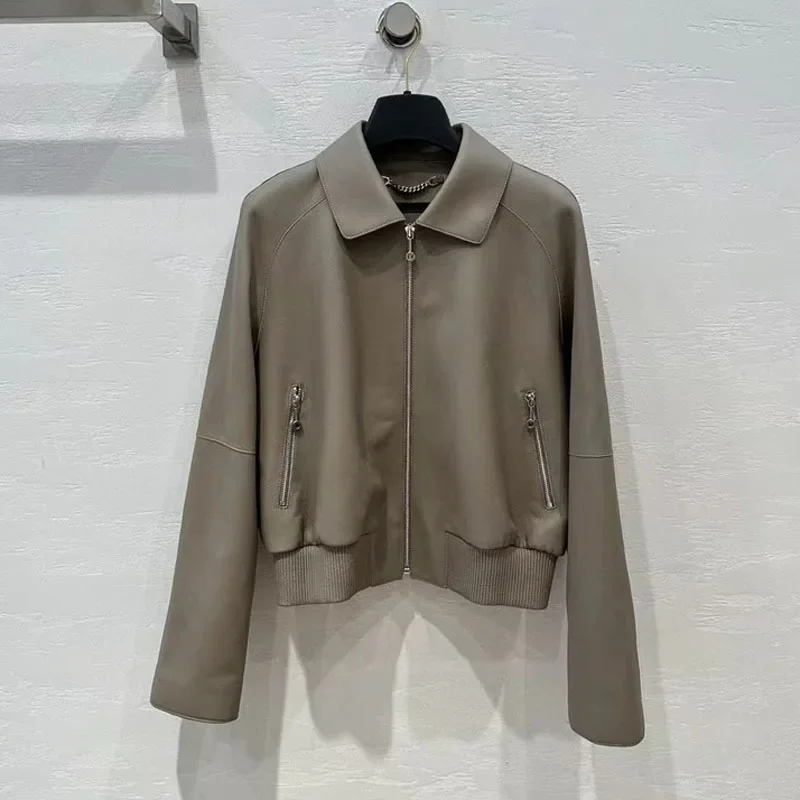 Damenmantel, Frühlingsjacke aus echtem Leder, körniges, strukturiertes Schaffell, kurze Länge, Umlegekragen, tiefe Schulterärmel