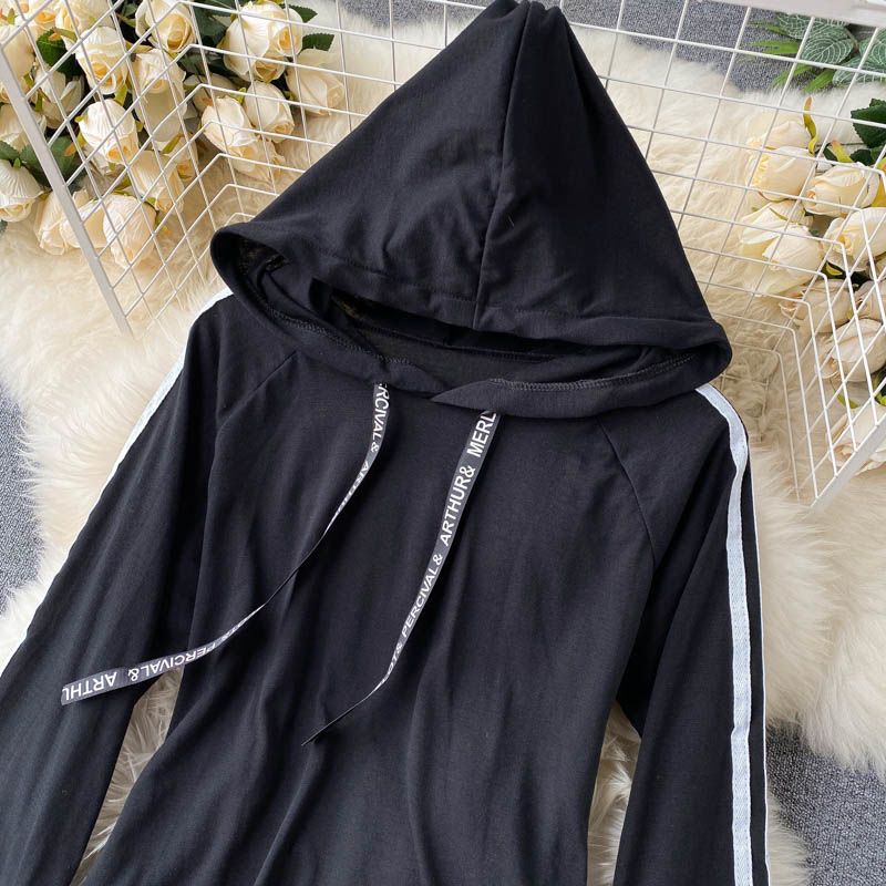 フード付きセーター結合長袖 Tシャツ女性対照的な色スリムに見える薄いデザインセンス無地下敷きトップス