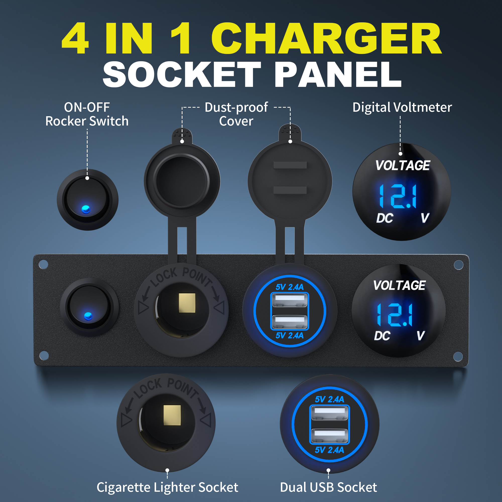 DaierTek 4 in 1 ON/OFF 充電器ソケットパネル デュアル USB ソケット電源コンセント & LED 電圧計 & シガーライターソケット & LED スイッチ