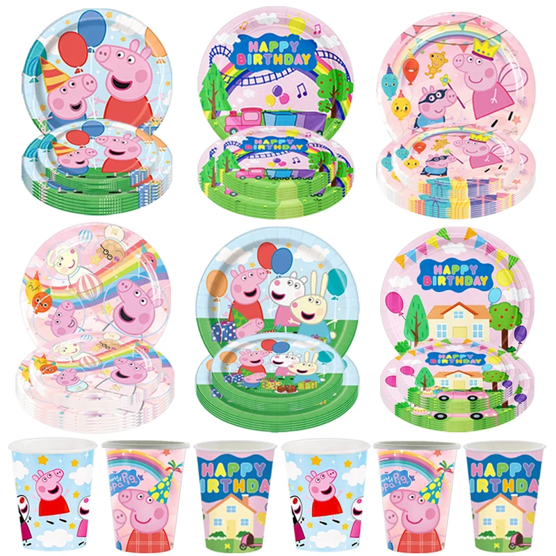 Decoración de fiesta de cumpleaños de cerdo rosa, vajilla desechable, plato de papel, taza, juego de globos de cerdo, regalo de recuerdo para niñas, suministro para Baby Shower