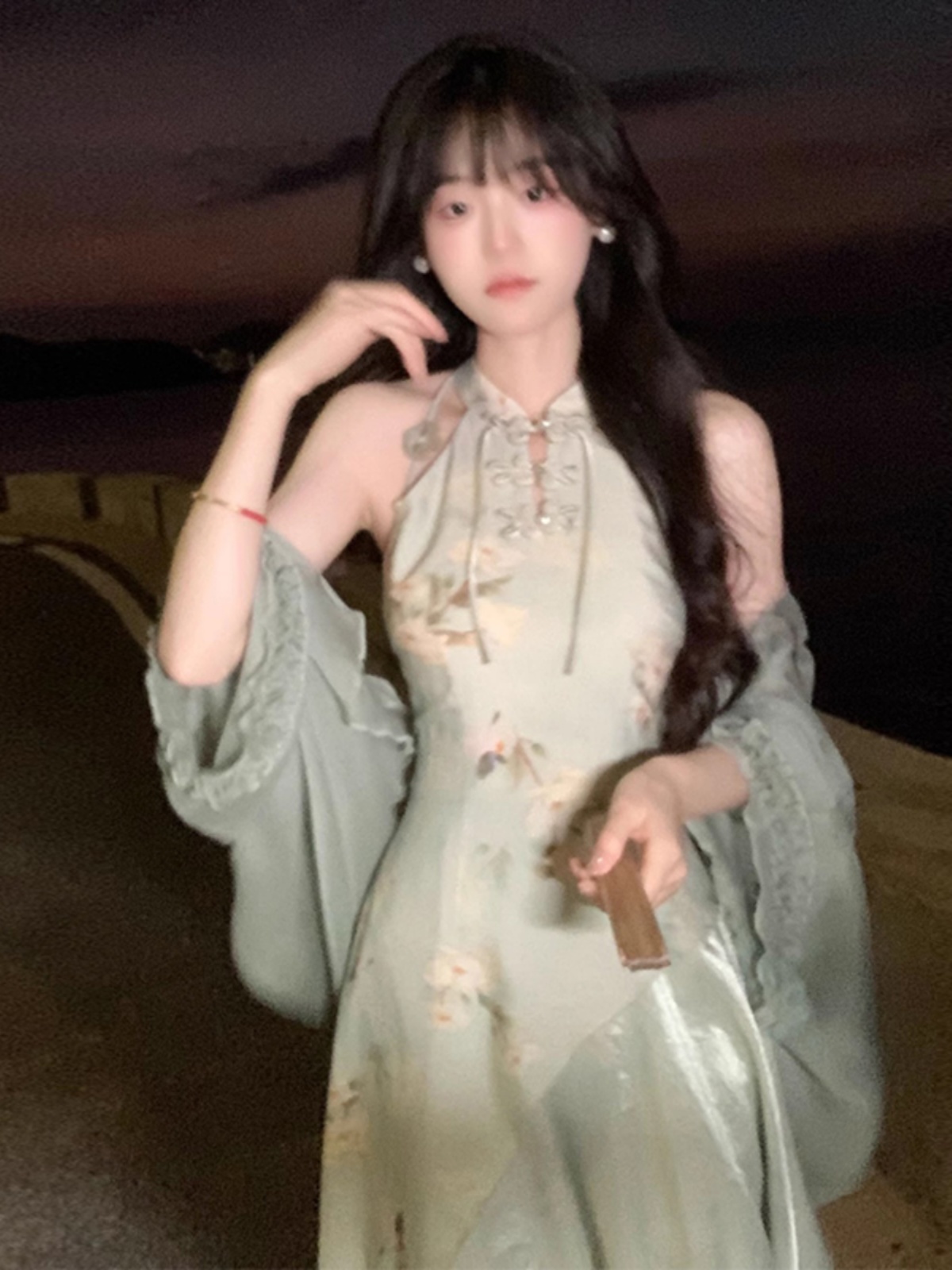 Vestido  E Verde Sem Mangas com Decote Suspenso, Novo Estilo Chinês, Alta Moda, Primavera Verão, Traje Tradic...