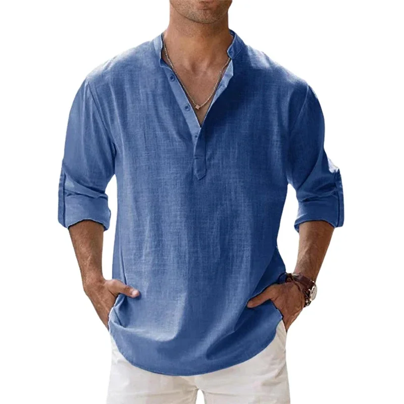 JIAYAN 2025 New Cotton Linen Shirts for Men Casual Lightweight Long Sleeve Henley Beach Shirts Hawaiian TOPS for Men