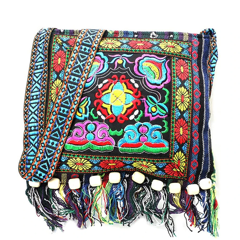 Bolsa crossbody bordada estilo étnico Boho com decoração de borla para mulheres