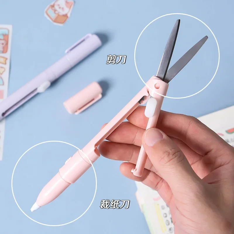 1pc Mini Portable Scissors Paper Cutter Knife 2 In 1 Multifunctional Pocket Pen Shape Scrapbooking Carving Cutting Art Tools
