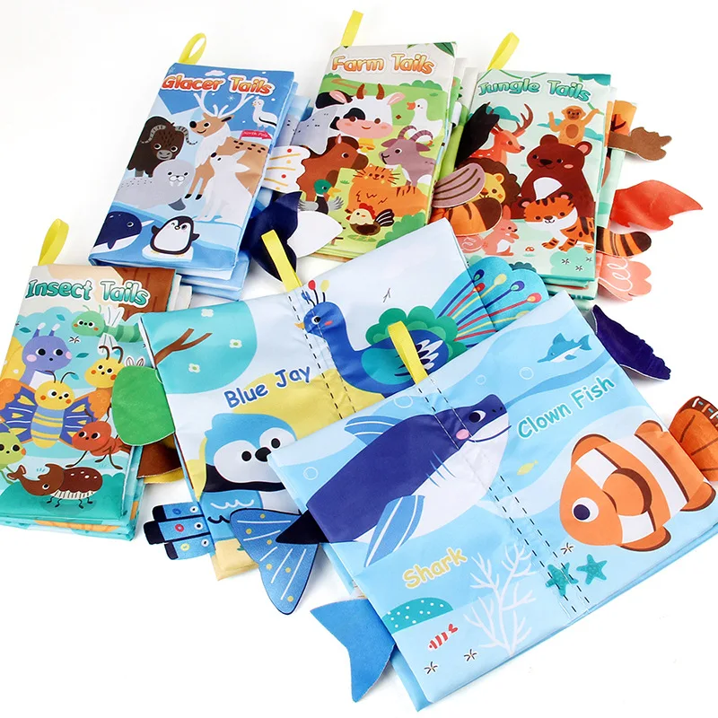 Livro de pano para bebês, brinquedos educativos com cauda de animais de desenho animado, livro de pano de papel com anel, iluminação, brinquedos para bebês de 0 a 12 meses, presentes
