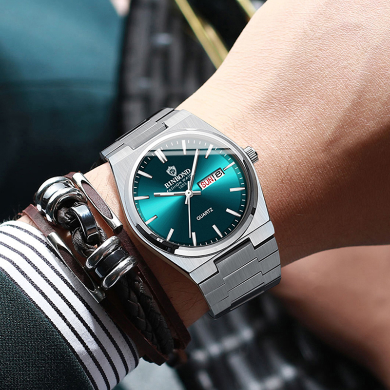BINBOND トップブランドの高級メンズクォーツ時計オリジナル腕時計男性用防水発光日付週ステンレス鋼腕時計男性