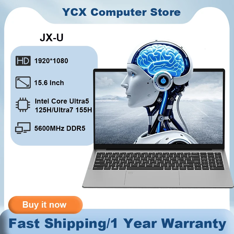 Laptop JX-U z touchpadem, ekran 15,6 cala, 60 Hz, Intel Core Ultra 5 125H/Ultra 7 155H, podświetlana klawiatura, komputer z M.2, DDR5, BT5.2, laptop gamingowy