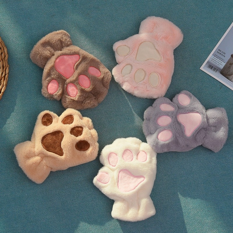 การ์ตูนฤดูหนาวถุงมือผู้หญิงตุ๊กตาหมี Cat PAW Claw ถุงมือน่ารักสั้น Fingerless Fluffy Bear Claw Mittens สําหรับสาวของขวัญ PARTY